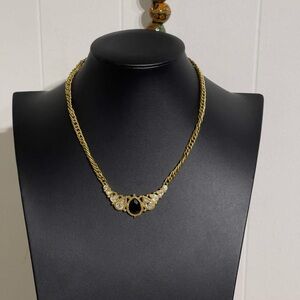 Vintage 1928 Gold-Tone Necklace with Black & Clear Stone Accents